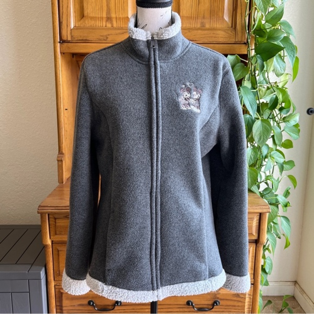 Walt Disney World Mickey Minnie Mouse Fleece Jacket Grey‎ Sherpa Trim Women's M